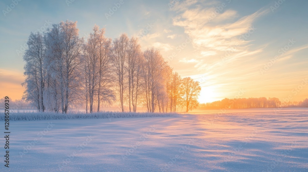 A scenic winter morning with icy trees standing tall in the glowing sunrise. A scenic winter morning with icy trees standing tall in the glowing sunrise.