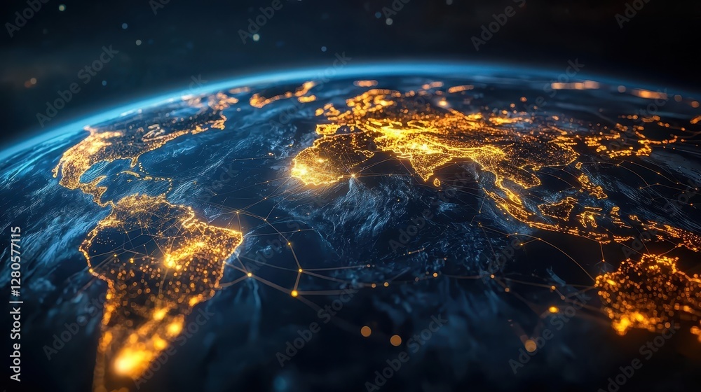 Fototapeta premium Aerial View of Earth at Night with Glowing City Lights and Stars