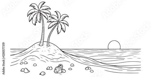 Summer vacation vector illustration isolated on white background. Coloring book of beach.