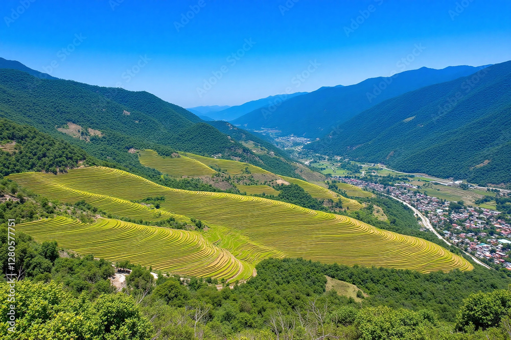 Aerial view of mountainous area with terraced fields and village Aerial view of mountainous area with terraced fields and village