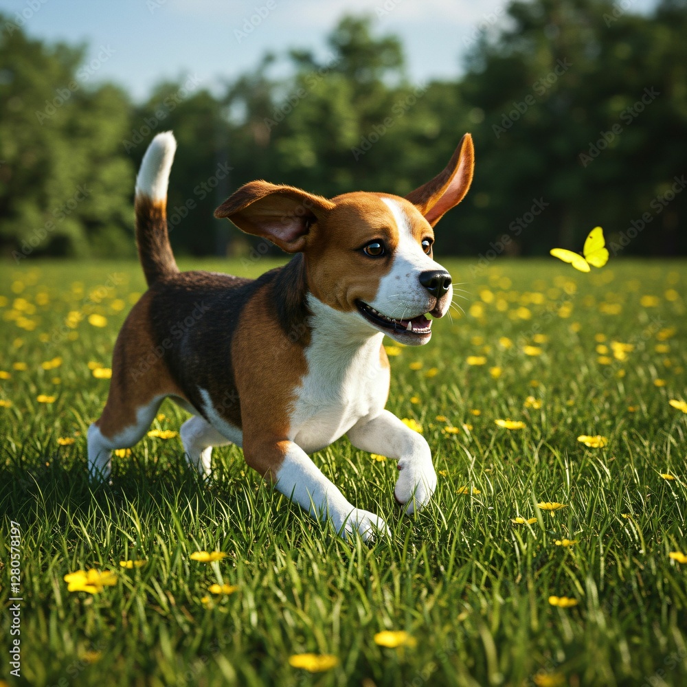 Beagle puppy chasing butterfly in meadow Beagle puppy chasing butterfly in meadow