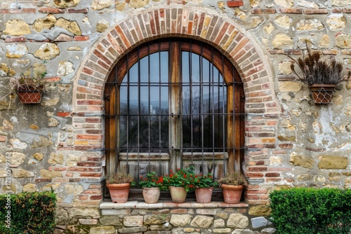 Photo of Red brick wall and arched window of classical european building in Rome. Background texture for backdrops or mapping