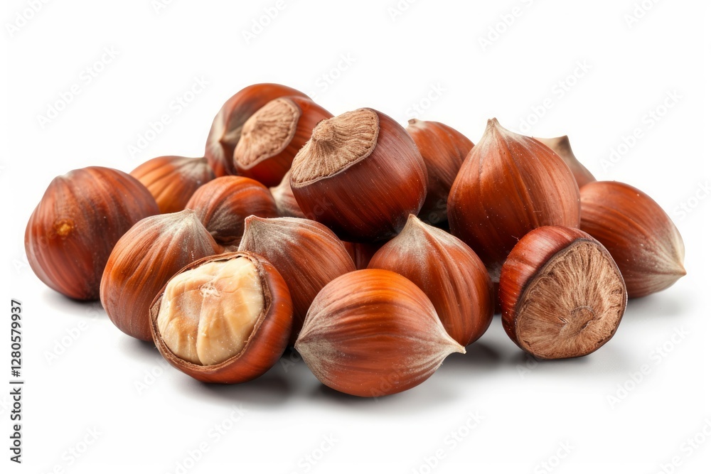 Close-up of hazelnuts on solid white background. AI image Close-up of hazelnuts on solid white background. AI image