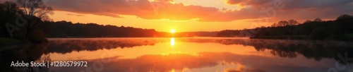 Golden hour sunset, perfect lake reflection, Ellesmere Mere, Shropshire , shadows, colours, reflection