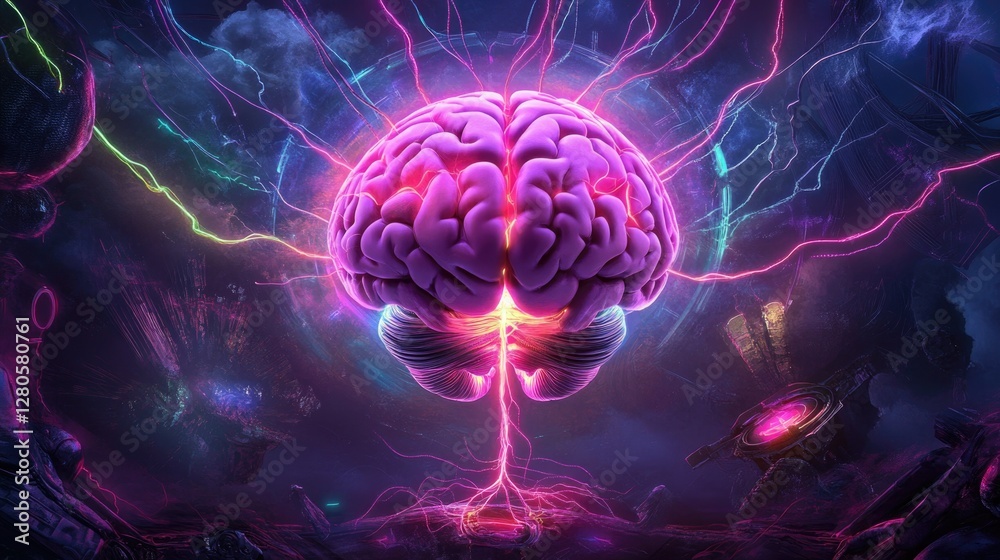 A vibrant, holographic brain with neon-lit neural pathways, emitting bright electric energy against a dark cybernetic background. A vibrant, holographic brain with neon-lit neural pathways, emitting bright electric energy against a dark cybernetic background.