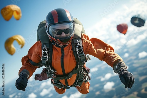 Skydiver in orange suit, freefall, colorful hot air balloons in background. Possible stock photo use