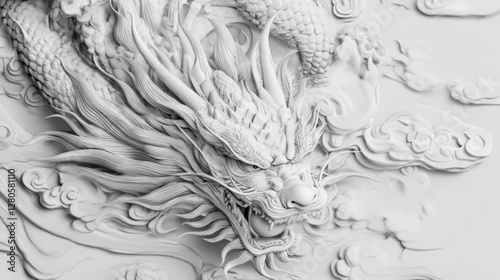 Intricate White Dragon Relief Sculpture Surrounded by Clouds