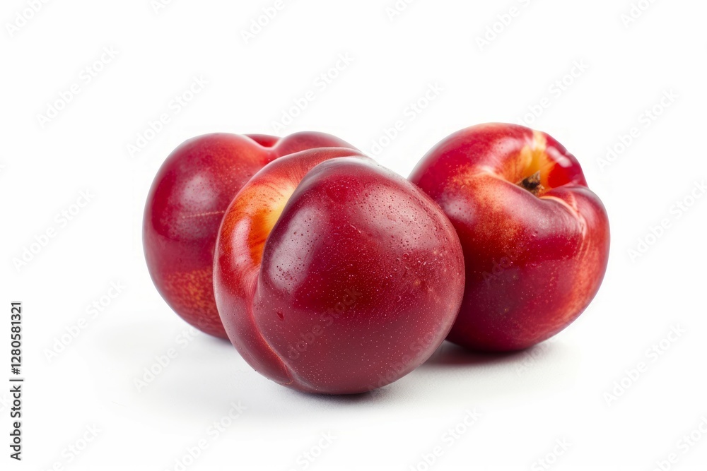 Trio of red plums on white background. AI image Trio of red plums on white background. AI image