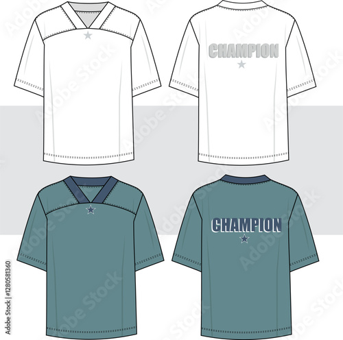 Men's Streetwear Jersey T-Shirt. Hip Hop, uniform, college, baseball, oversize top fashion flat sketch illustration, front and back view. cad, mockup.
