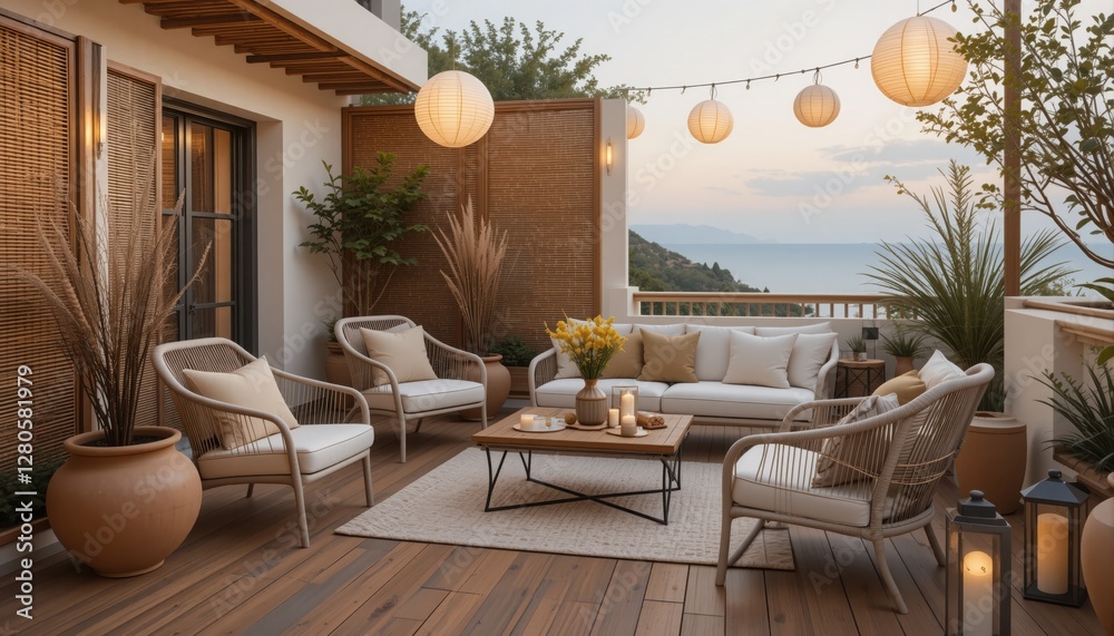Fototapeta premium A beautifully arranged balcony features comfortable seating with cushions, soft lighting from hanging lanterns, and vibrant flora, creating an inviting atmosphere as the sun sets over the ocean