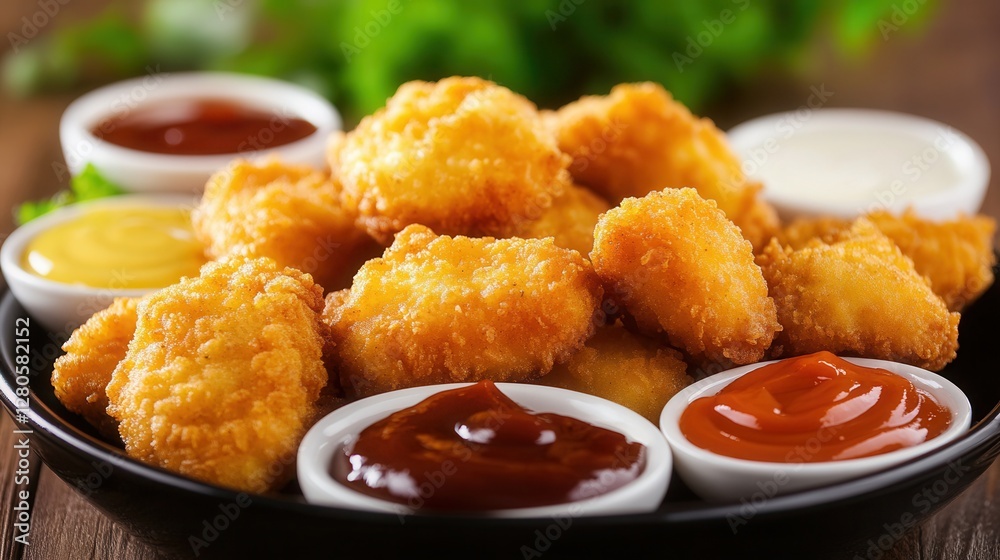 a plate of crispy chicken nuggets served with a variety of dipping sauces like barbecue, honey mustard, and ranch. a plate of crispy chicken nuggets served with a variety of dipping sauces like barbecue, honey mustard, and ranch.