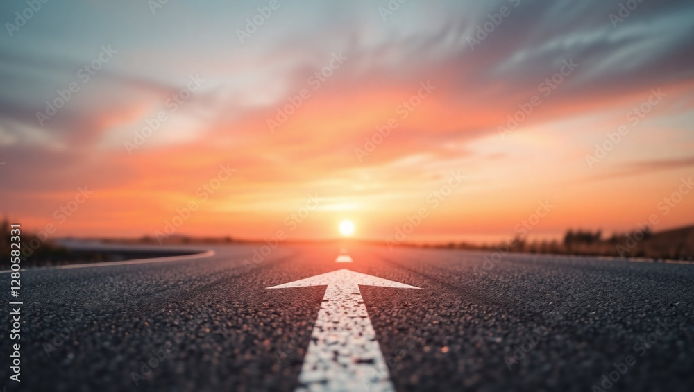 Road Arrow Leading to Horizon at Sunset – Forward Journey Concept Road Arrow Leading to Horizon at Sunset – Forward Journey Concept