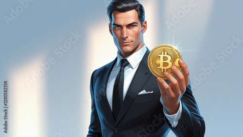 A suave businessman in his mid-40s with a strong jawline, piercing blue eyes, and neatly trimmed dark hair, confidently holding a shiny digital bitcoin with a metallic finish
