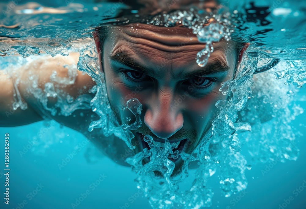 Fototapeta premium A swimmer plunges beneath the surface, creating mesmerizing bubbles and ripples in the bright blue water. His focused expression reveals a quest for exploration and freedom