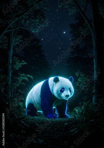 Neon Blue Line Art Panda: Futuristic Glow Illustration