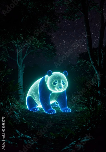 Neon Blue Line Art Panda: Futuristic Glow Illustration