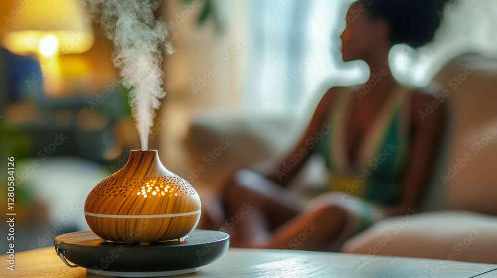 Diffuser releasing mist in a cozy living room with a blurred figure enjoying relaxation moments Diffuser releasing mist in a cozy living room with a blurred figure enjoying relaxation moments