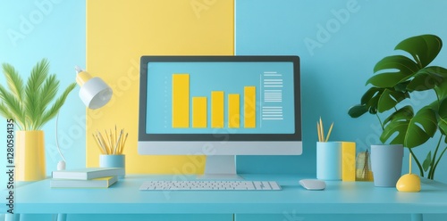 Bright office workspace with a computer displaying bar graphs and modern decor in yellow and teal colors