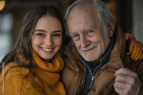 A young woman affectionately embraces her elderly grandfather, sharing a heartwarming moment of love and connection.