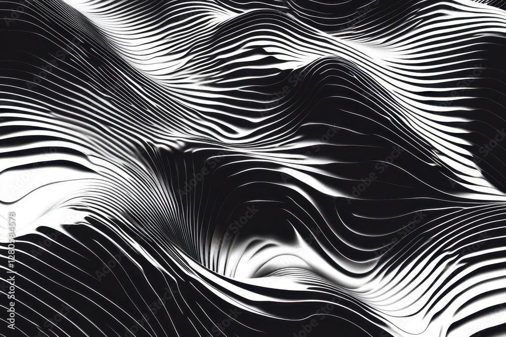 monochromatic abstract wave pattern with glitch aesthetics, dynamic ripples and digital distortion creating a mesmerizing displacement effect, high contrast