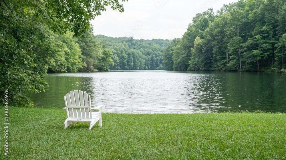 Peaceful white Adirondack chair by tranquil lake Peaceful white Adirondack chair by tranquil lake