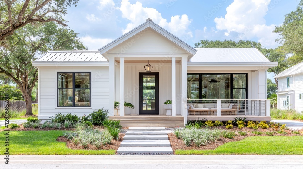 Coastal farmhouse, front porch, landscaping, sunny day, real estate listing Coastal farmhouse, front porch, landscaping, sunny day, real estate listing