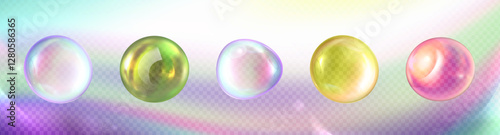 3d abstract set of transparent collagen serum bubbles. Cosmetic essence. Collagen colorful clear realistic drops.  Holographic