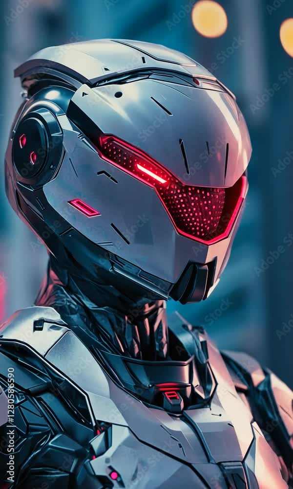 Futuristic robotic figure with glowing features in urban setting Futuristic robotic figure with glowing features in urban setting