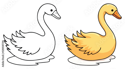 Swans Duck Isolated Line Art Vector Outline Illustration Black and White with Coloring Sample