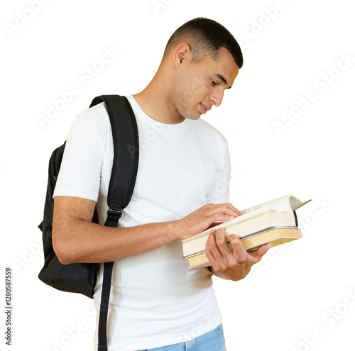 Happy handsome student reading a book isolated over transparent background. PNG transparent