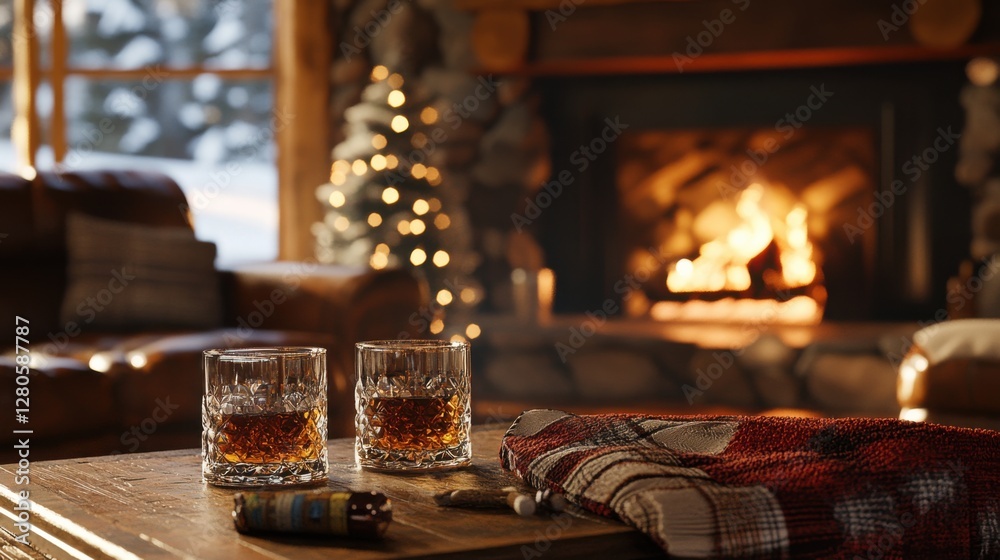 Alcohol consumption at a rustic lodge with whiskey and a roaring fireplace. Featuring coziness and winter Alcohol consumption at a rustic lodge with whiskey and a roaring fireplace. Featuring coziness and winter