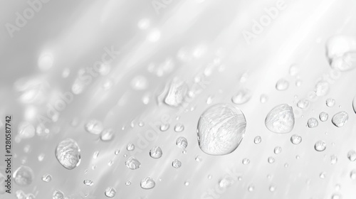 Soft gray and white gradient background with transparent water droplets reflecting light, creating a clean and elegant look