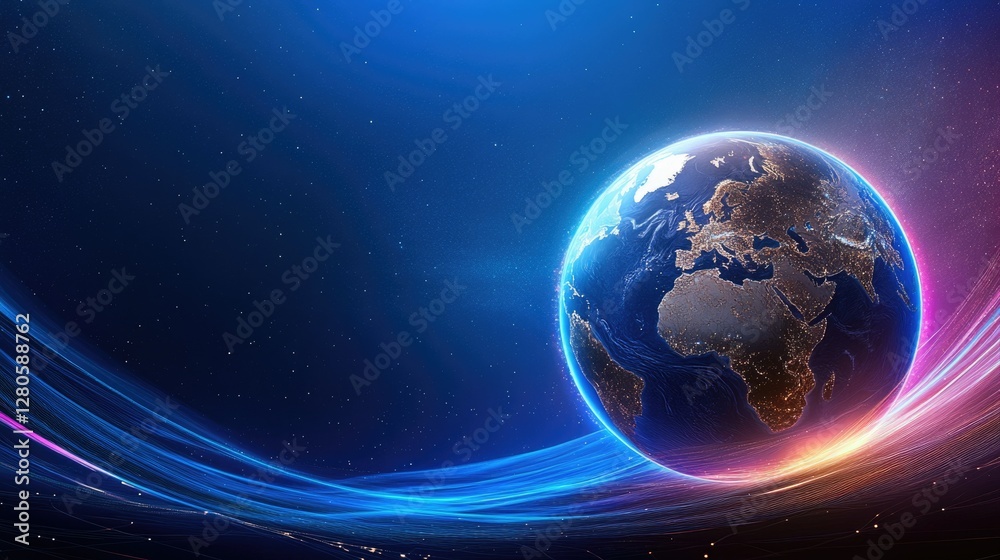 Obraz premium Modern global connectivity concept featuring a glowing blue earth with motion trails and data flow across a sleek technological background.