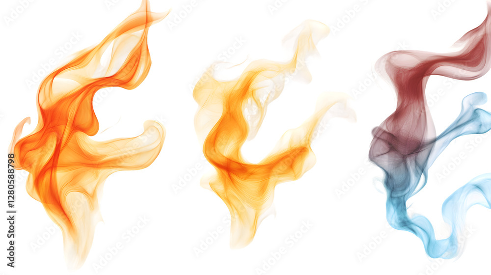 Abstract shapes of swirling orange, yellow, maroon and blue paint on transparent background. Dynamic and fluid forms, PNG