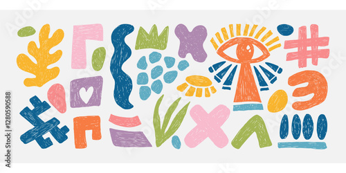 Crayon Abstract Shapes and Forms Set. Hand drawn wierd retro shapes with crayon, chalk or charcoal texture drawn manual on paper. Bold groovy bizarre shapes in trendy crayon drawing style.