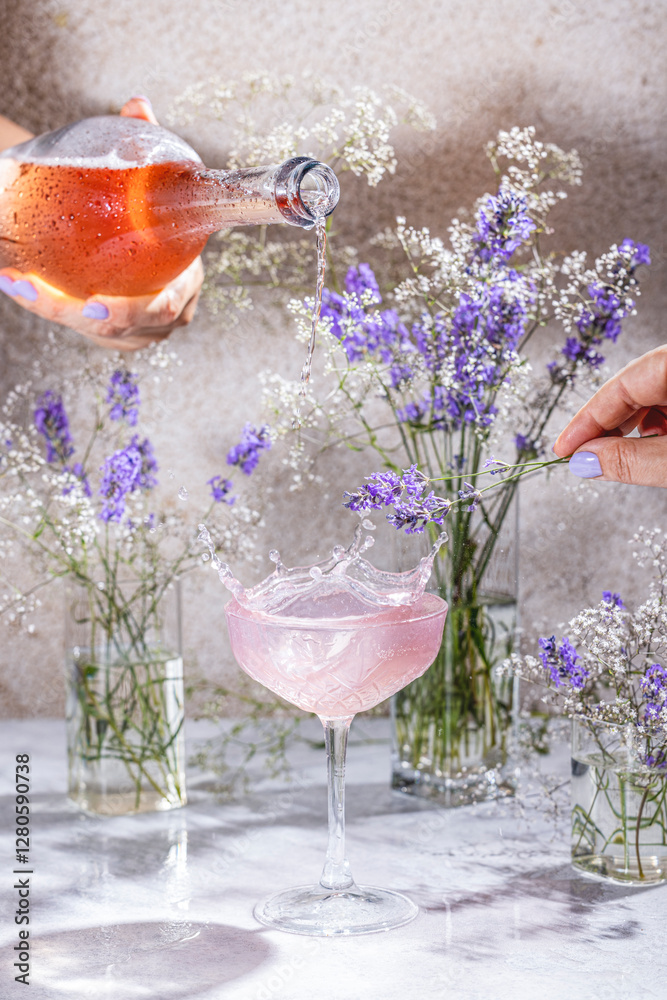 Obraz premium Bartender pouring pink drink into coupe glass with lavender garnish and flowers