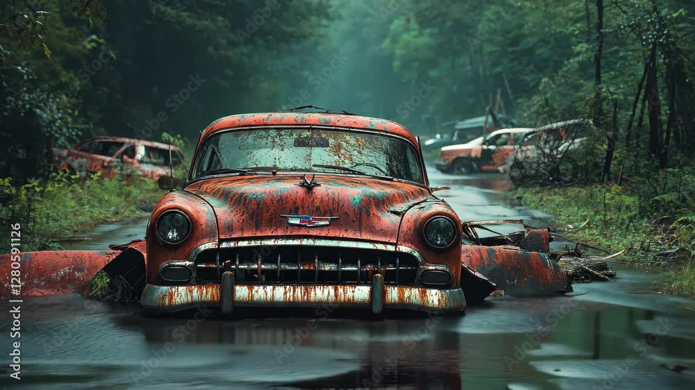 Classic car abandoned in overgrown path, surrounded by rust and natureâ€™s reclaim, A dilapidated classic car surrounded by rust and abandoned cars, lying on a wet road