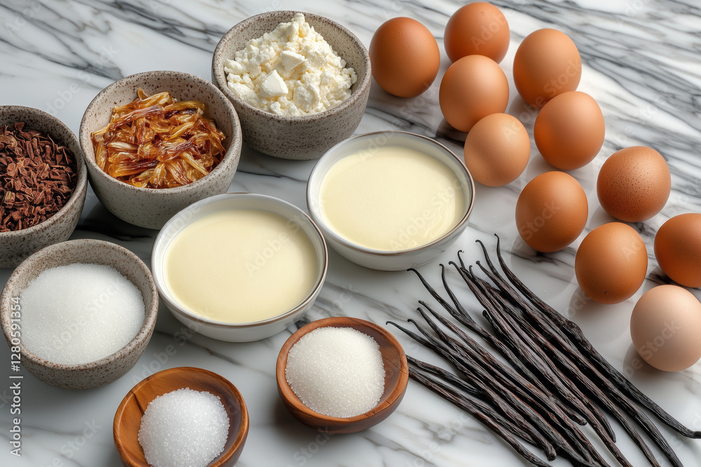 A close-up of the ingredients for a creme brulee recipe. Include all the main ingredients such as heavy cream, egg yolks, vanilla bean, sugar and salt A close-up of the ingredients for a creme brulee recipe. Include all the main ingredients such as heavy cream, egg yolks, vanilla bean, sugar and salt
