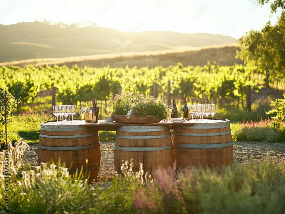 Alcohol consumption at a rustic vineyard with wine glasses on wooden barrels. Featuring heritage and craftsmanship Alcohol consumption at a rustic vineyard with wine glasses on wooden barrels. Featuring heritage and craftsmanship