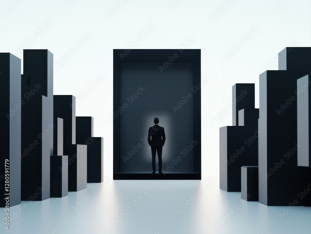A solitary figure stands in a dimly lit space surrounded by tall black structures, evoking a sense of mystery and isolation. A solitary figure stands in a dimly lit space surrounded by tall black structures, evoking a sense of mystery and isolation.