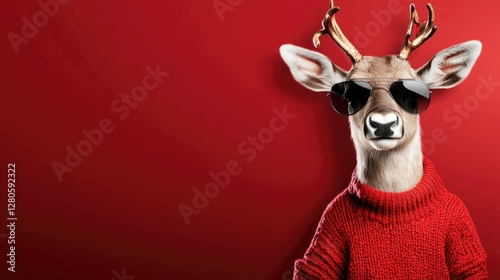 Wallpaper Mural Stylish reindeer with aviator sunglasses and a festive red knit sweater, standing coolly in front of a bold red backdrop. Torontodigital.ca