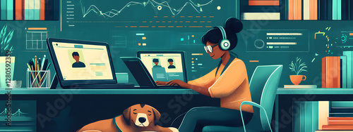 A cartoon-style illustration of an online student studying at home, surrounded by various digital devices displaying educational content
