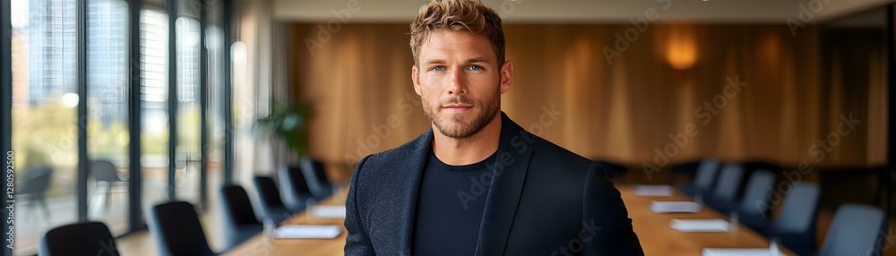 Obraz premium Confident Man in Stylish Blazer, Ready to Lead a Meeting in Modern Office Space, Projects Success and Determination.