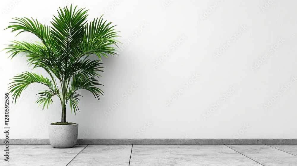 Fototapeta premium Modern plant in gray pot on white wall, empty room