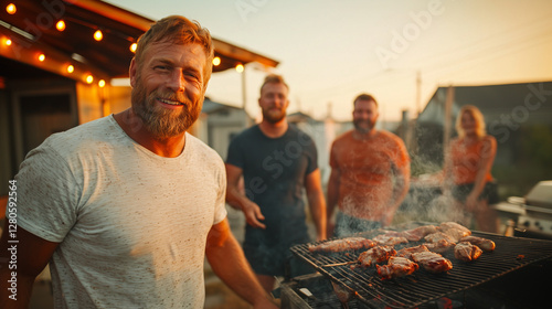 Light smoke drifts from a modest grill as close friends pass condiments and jokes beneath glowing bulbs in the evening air.