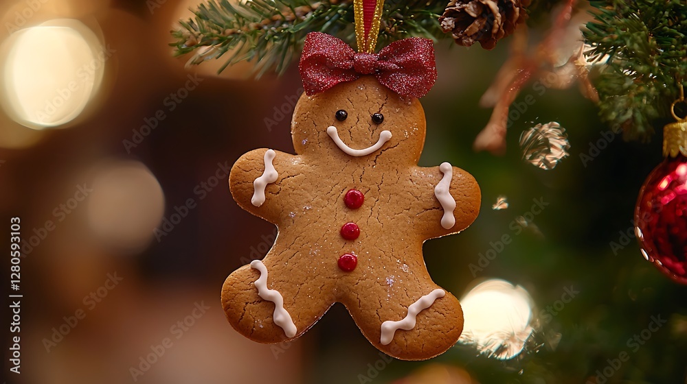 Christmas gingerbread ornament on tree branch with blurred holiday lights Christmas gingerbread ornament on tree branch with blurred holiday lights