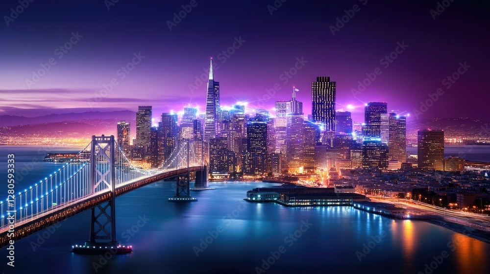 The San Francisco skyline at night, overlaid with glowing augmented reality charts, IoT connections, and metaverse-inspired holograms. The San Francisco skyline at night, overlaid with glowing augmented reality charts, IoT connections, and metaverse-inspired holograms.