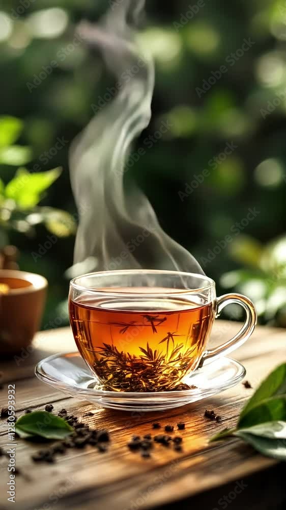 Steaming Cup of Tea on Wooden Table Steaming Cup of Tea on Wooden Table