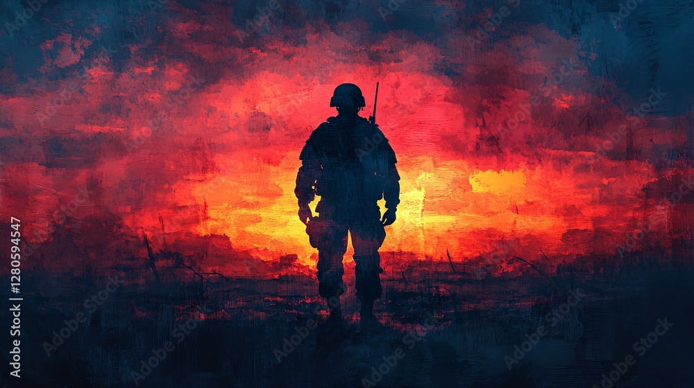 Fototapeta premium Artistic Silhouette of Soldier Against Dramatic Sunset Background
