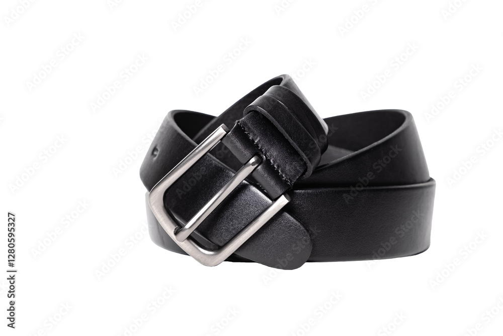 Black classic leather belt with a metal silver buckle, isolated on a transparent background. PNG cutout. Fashion unisex, mens or womens accessory. Haberdashery goods. Black classic leather belt with a metal silver buckle, isolated on a transparent background. PNG cutout. Fashion unisex, mens or womens accessory. Haberdashery goods.